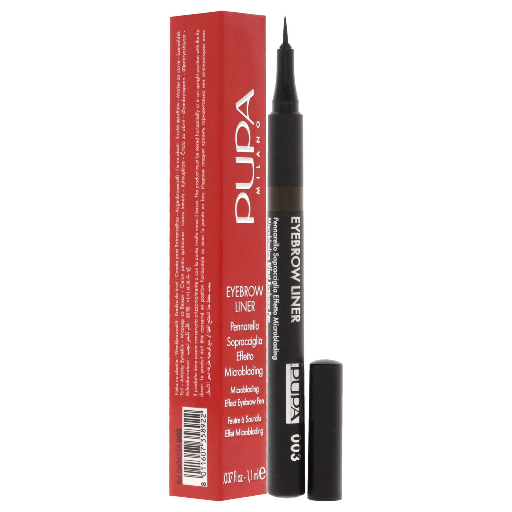 Eyeliner per sopracciglia marrone con punta nera e confezione rossa. Scritta: Pupa Milano, Eyebrow Liner 03.