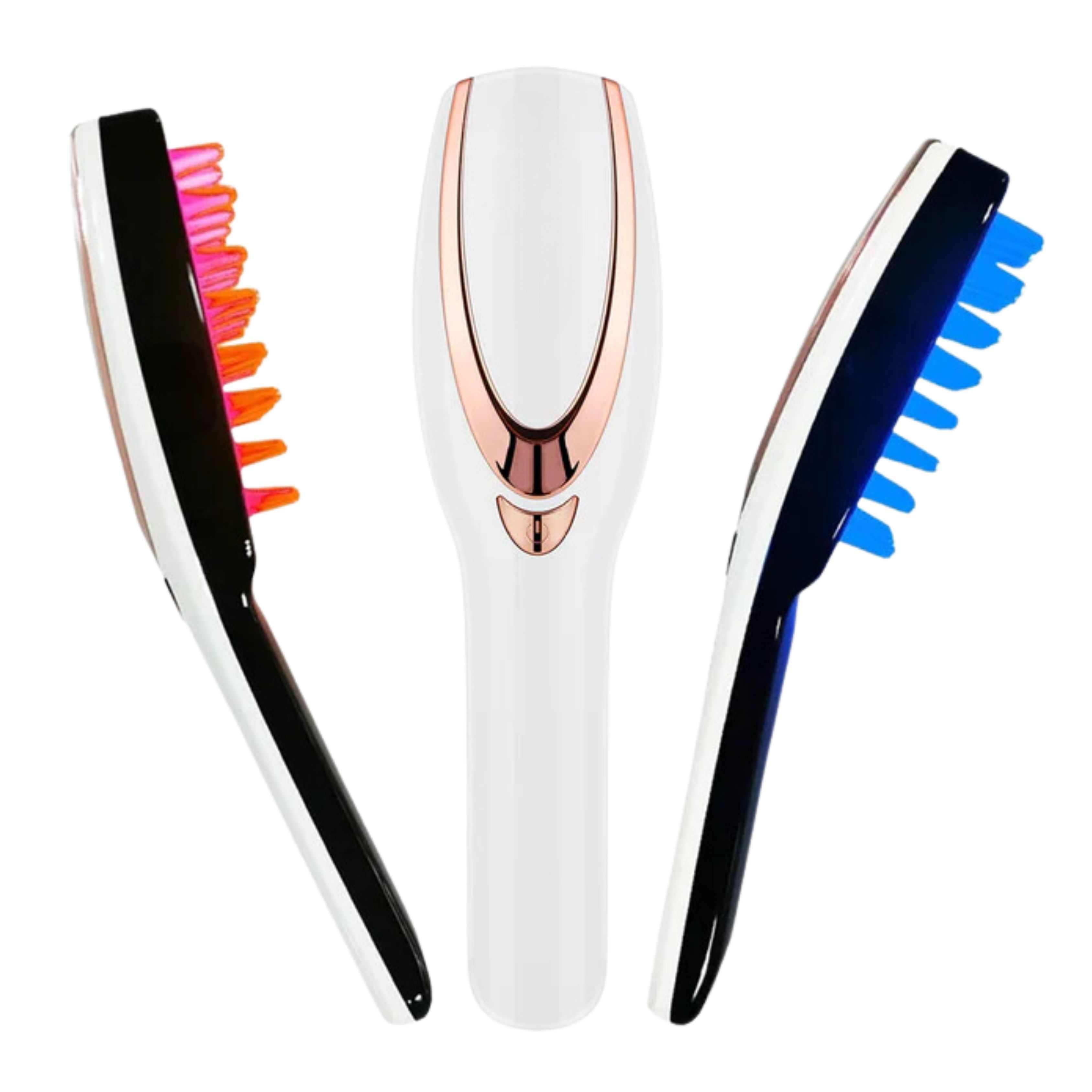 Tre spazzole per capelli con LED rossi e blu, una bianca con accenti oro rosa al centro.