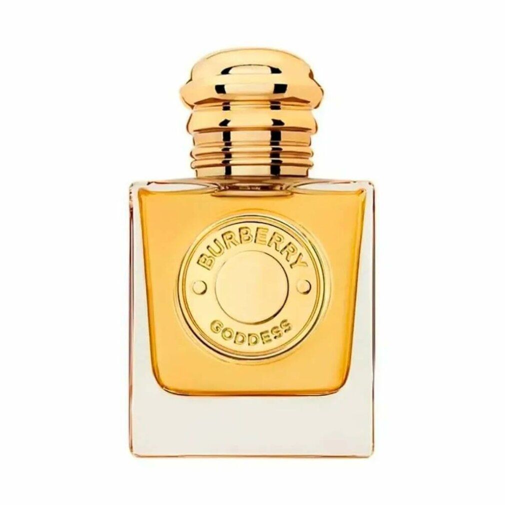 Burberry Goddess Intense Eau de Parfum. Flacone dorato con tappo dorato. Emblema logo sul davanti.