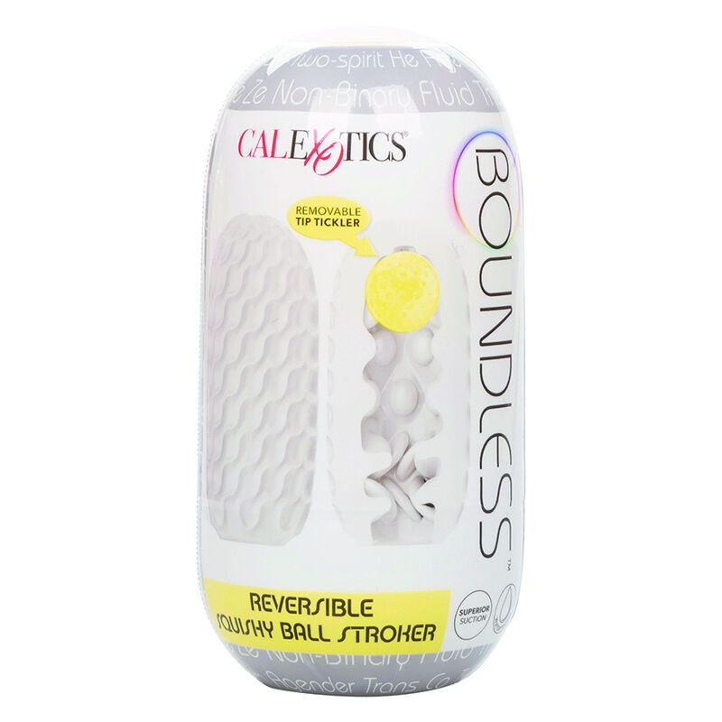 Confezione del masturbatore "BOUNDLESS" con indicazioni "REMOVABLE TIP TICKLER" e "REVERSIBLE SQUISHY BALL STROKER".