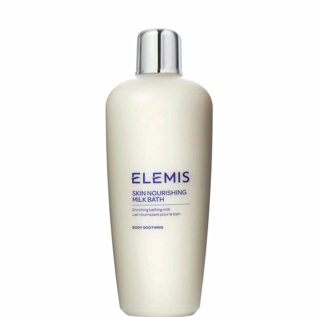 Flacone bianco con tappo argentato. Scritta: Elemis Skin Nourishing Milk Bath. Testo sottostante: Body Soothing.
