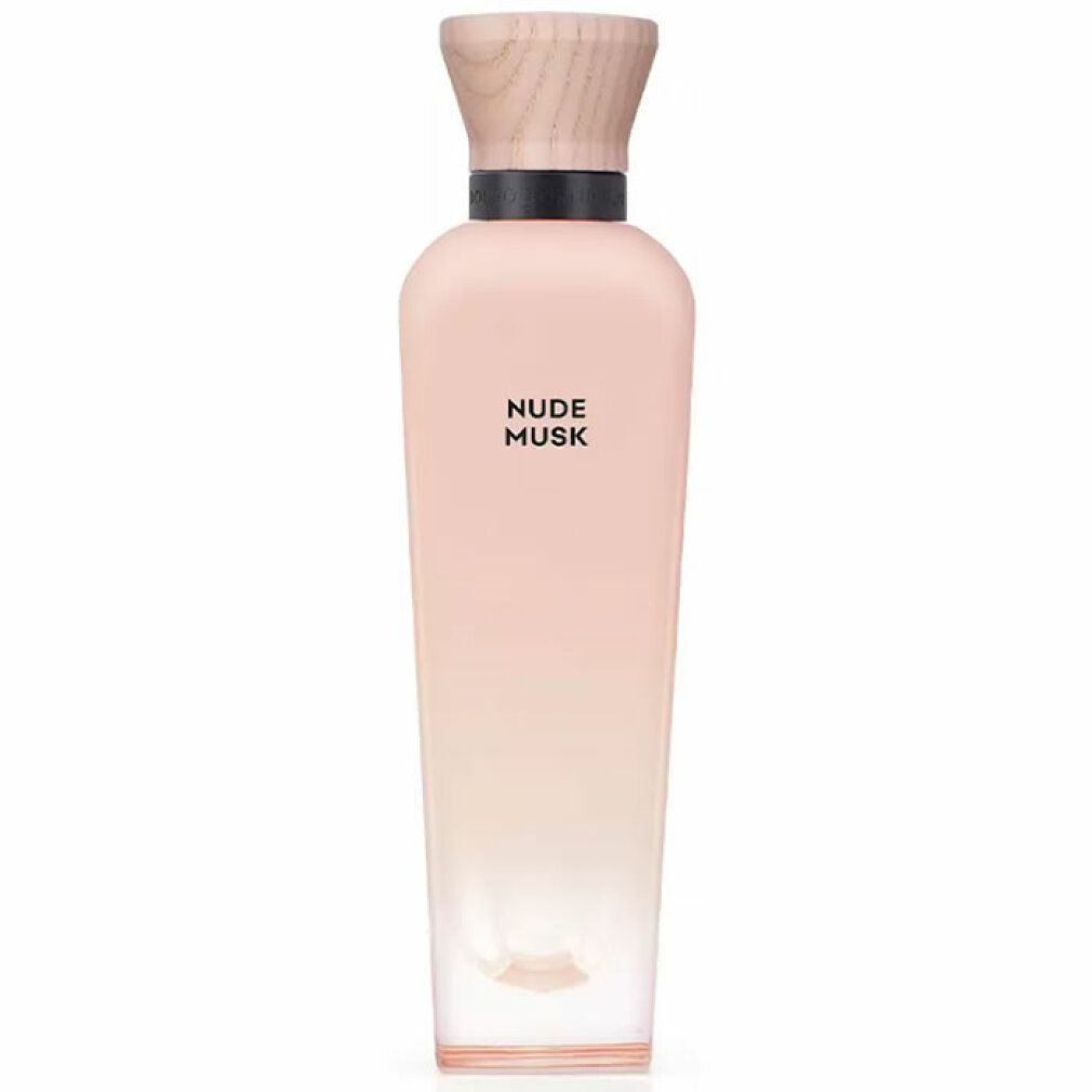 Flacone di profumo con tappo in legno. Scritta: NUDE MUSK. Sfumatura da rosa a trasparente.