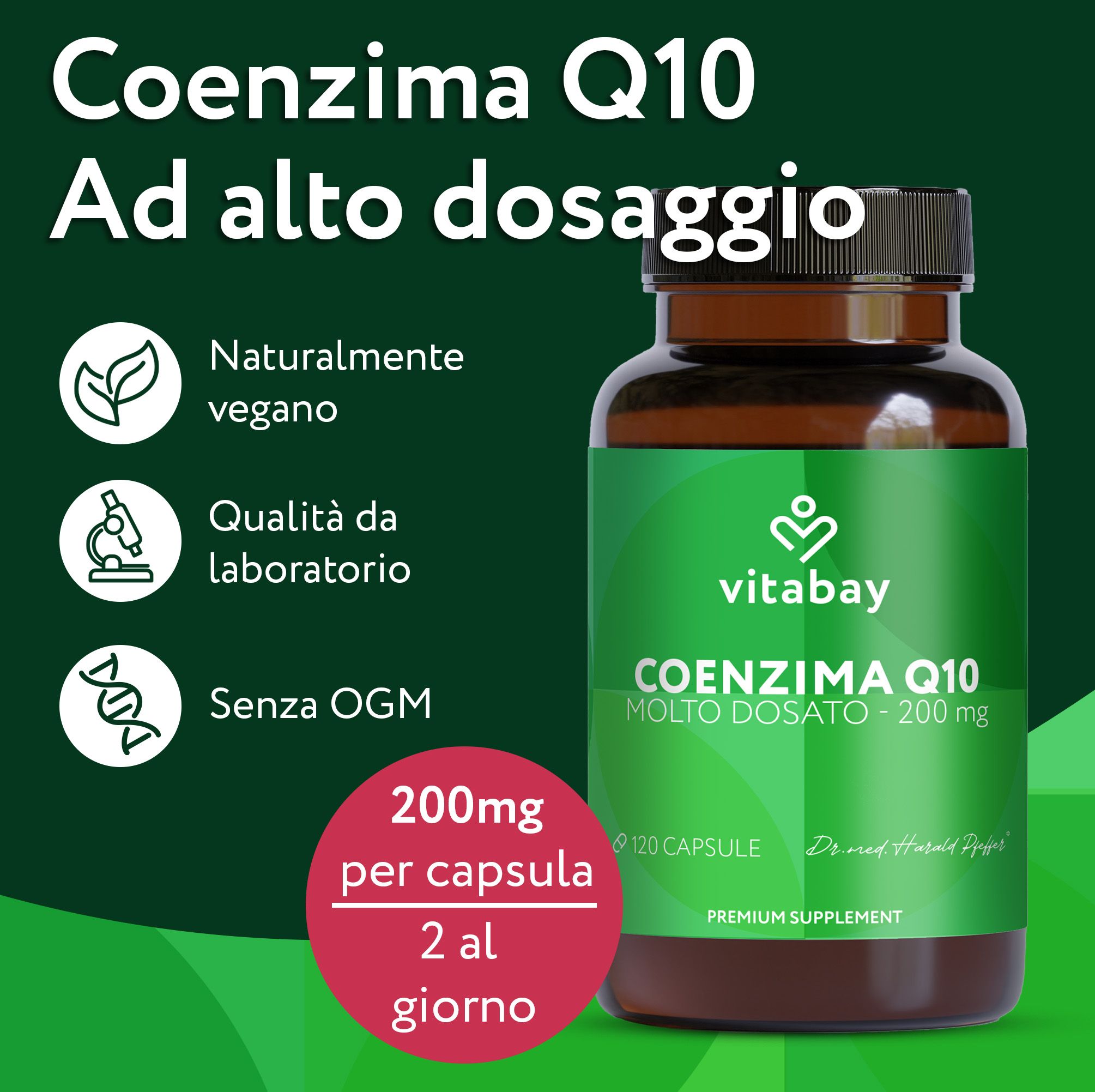 Flacone marrone con etichetta verde. Testo: Coenzima Q10, 200mg. 120 capsule. 200mg per capsula. 2 al giorno.