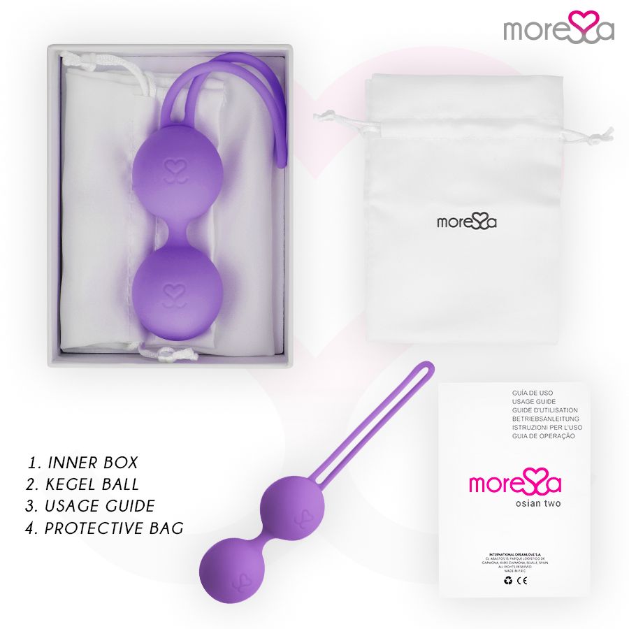 Palline d'amore viola in confezione regalo con accessori: guida all'uso e sacchetto protettivo.