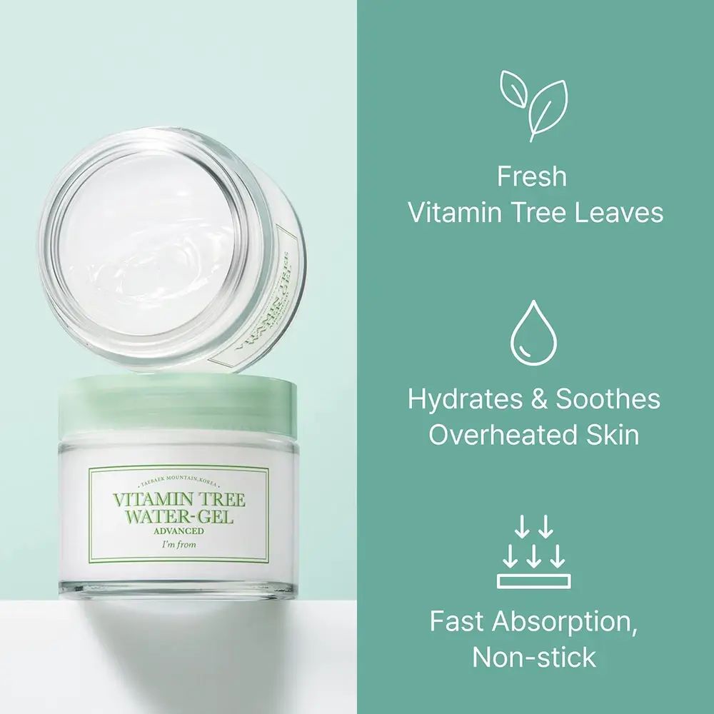 Due vasetti di Vitamin Tree Water-Gel Advanced. Testo: Fresh Vitamin Tree Leaves, Hydrates & Soothes Overheated Skin, Fast Absorption, Non-stick.