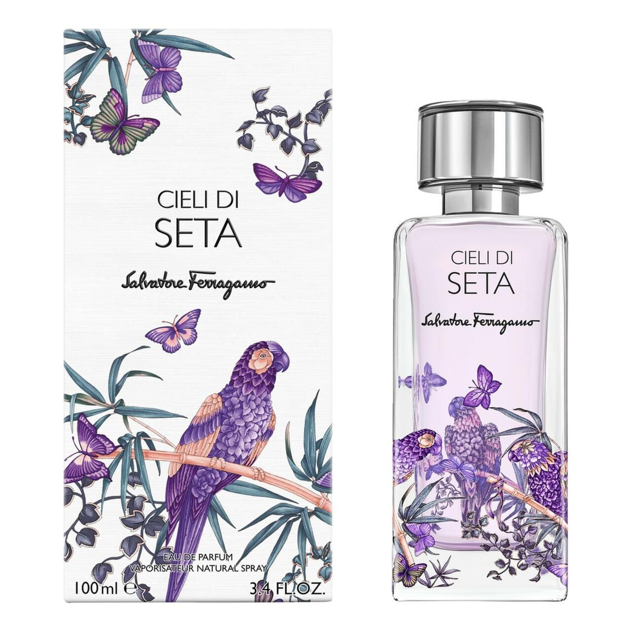 Salvatore Ferragamo Cieli di Seta EdP Nat. Spray e confezione. Flacone e scatola con uccello, farfalle ed elementi floreali. 100ml.