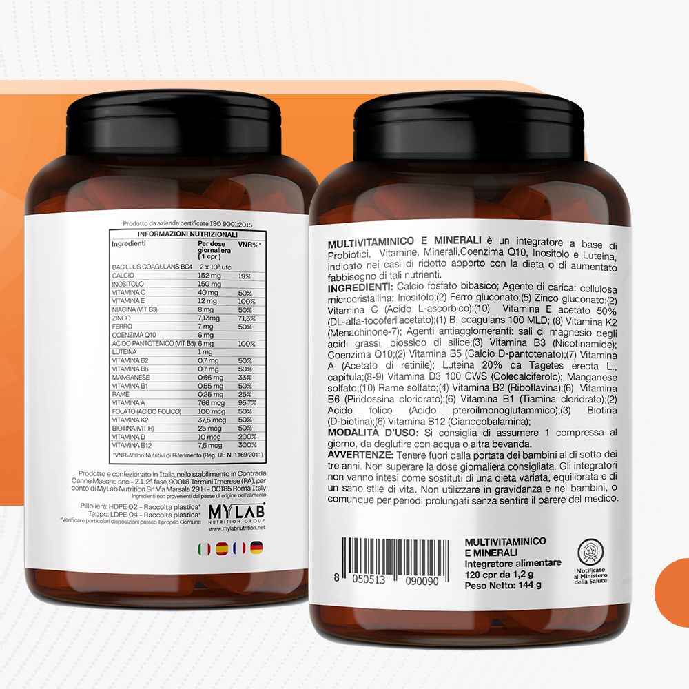 Due flaconi di 360 Defender Multivitaminico. Scritta: Multivitaminico e Minerali. Contiene 120 compresse. Ingredienti e valori nutrizionali.