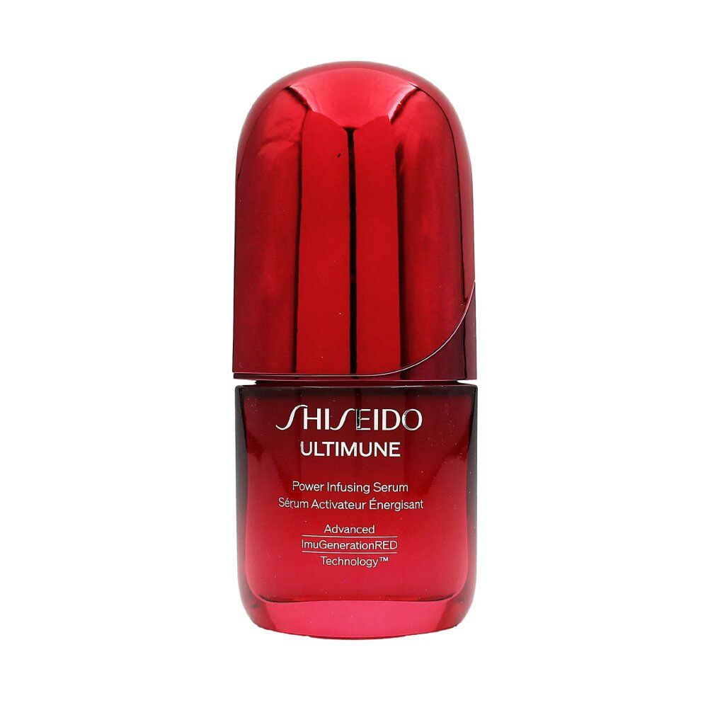 Flacone rosso con tappo. Scritta: SHISEIDO ULTIMUNE. Power Infusing Serum. Advanced ImmuGenerationRED Technology.