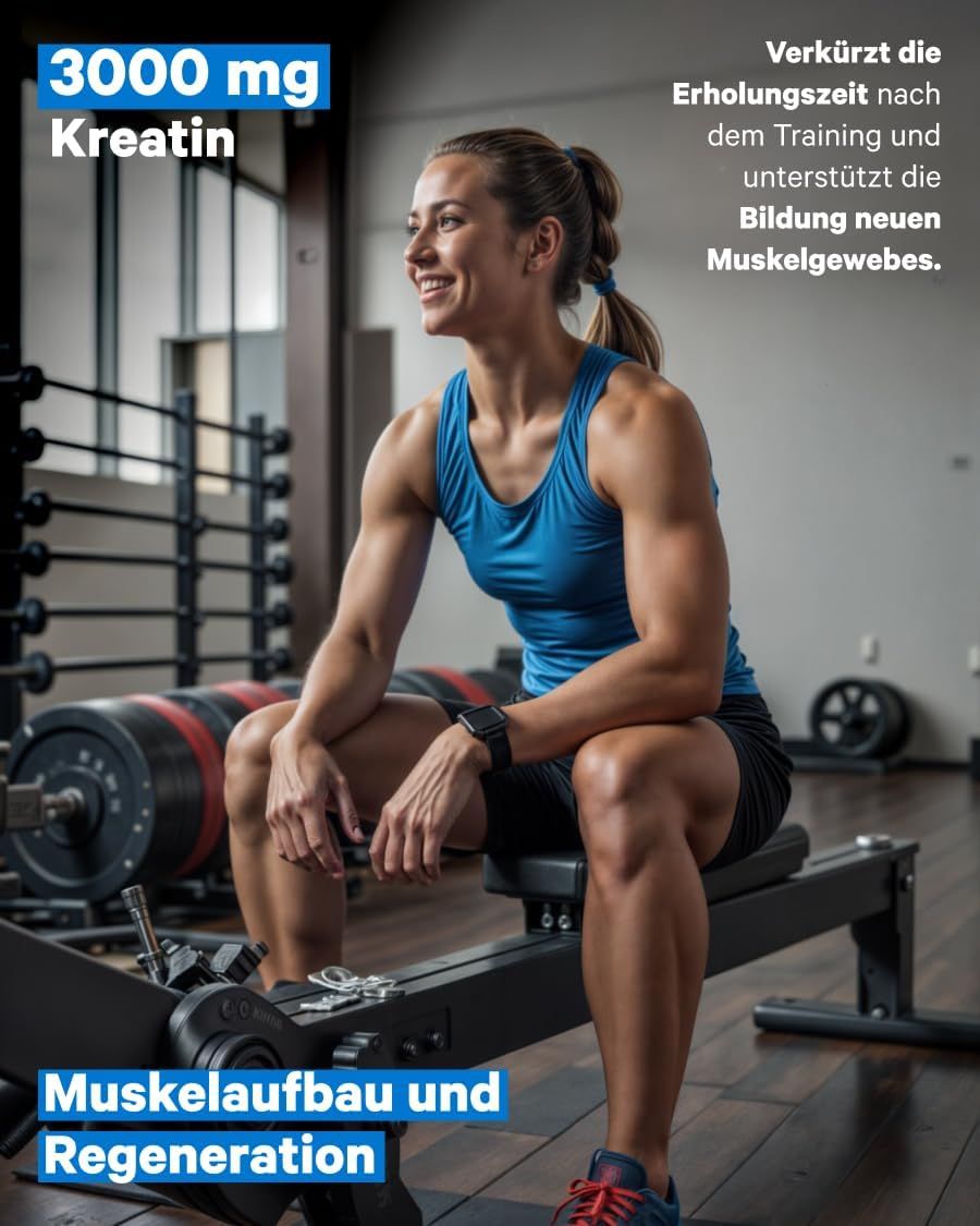 Donna seduta su una macchina da canottaggio in palestra, 3000 mg di creatina per la crescita muscolare e il recupero.