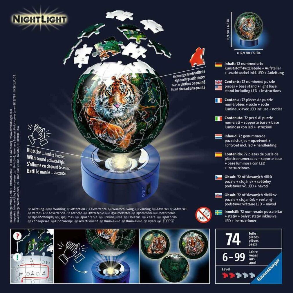Puzzleball con motivo tigre, 72 pezzi. Contiene: 72 pezzi, base, luce LED, istruzioni. Logo Ravensburger.