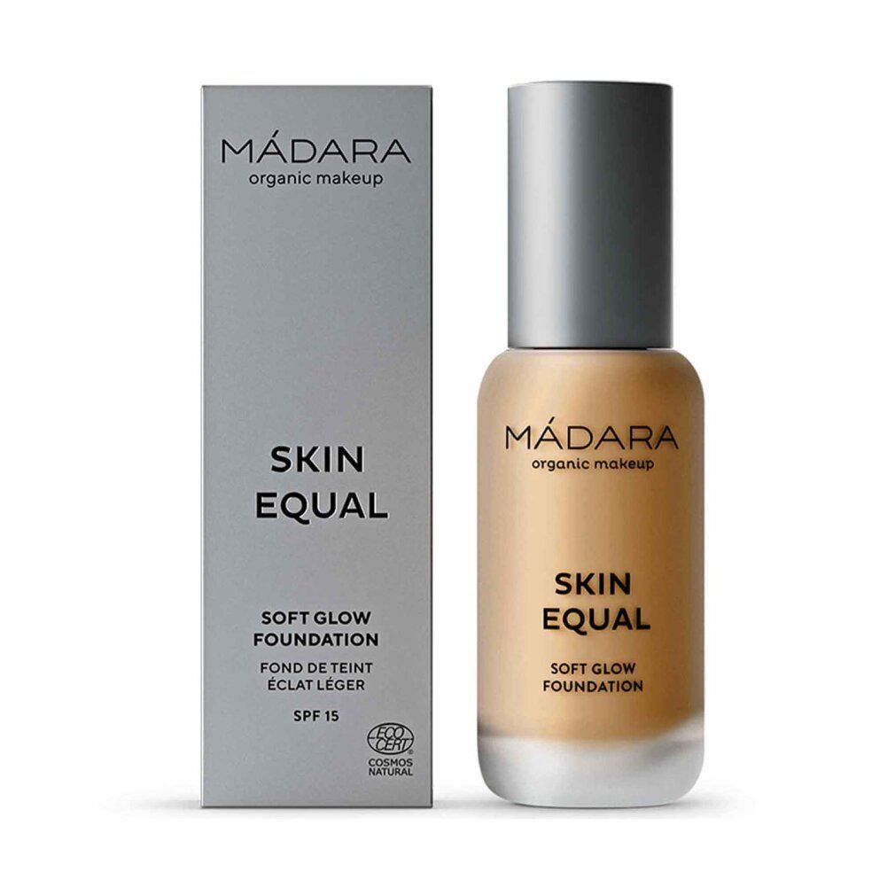 Madara Skin Equal Foundation. Flacone e scatola. Testo: Skin Equal, Soft Glow Foundation, SPF 15. Certificazione.