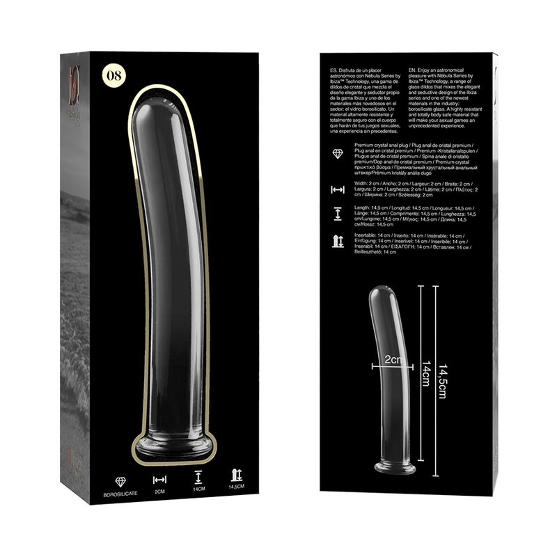Dildo in vetro borosilicato, modello 8, in confezione nera con immagine e dimensioni.