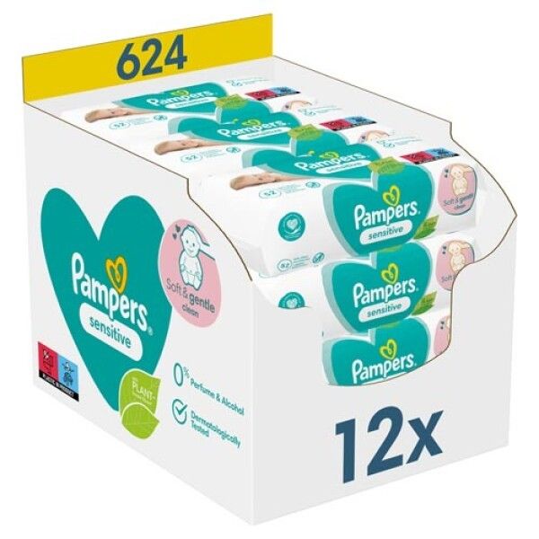 Scatola di salviettine Pampers Sensitive. 12 confezioni. Logo, informazioni.