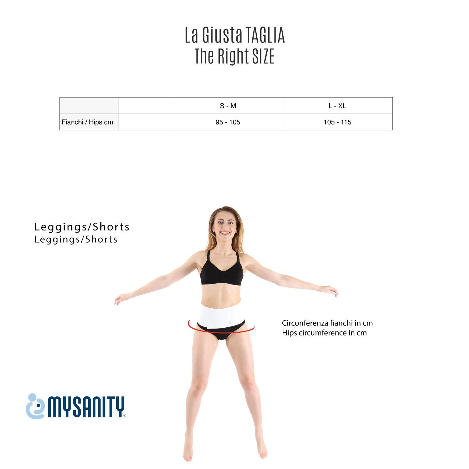 Leggings capri in modal color jeans. Donna incinta indossa leggings. Logo MYSANITY in basso a sinistra. Tabella taglie con circonferenza fianchi.
