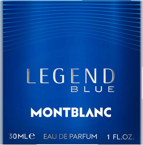Scatola blu. Scritta: LEGEND BLUE, MONTBLANC, 30ml Eau de Parfum, 1 Fl.oz.