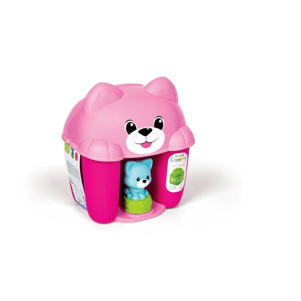Secchiello rosa a forma di gatto con coperchio. Un orsetto blu è davanti. Scritto "Clementoni Clemmy".