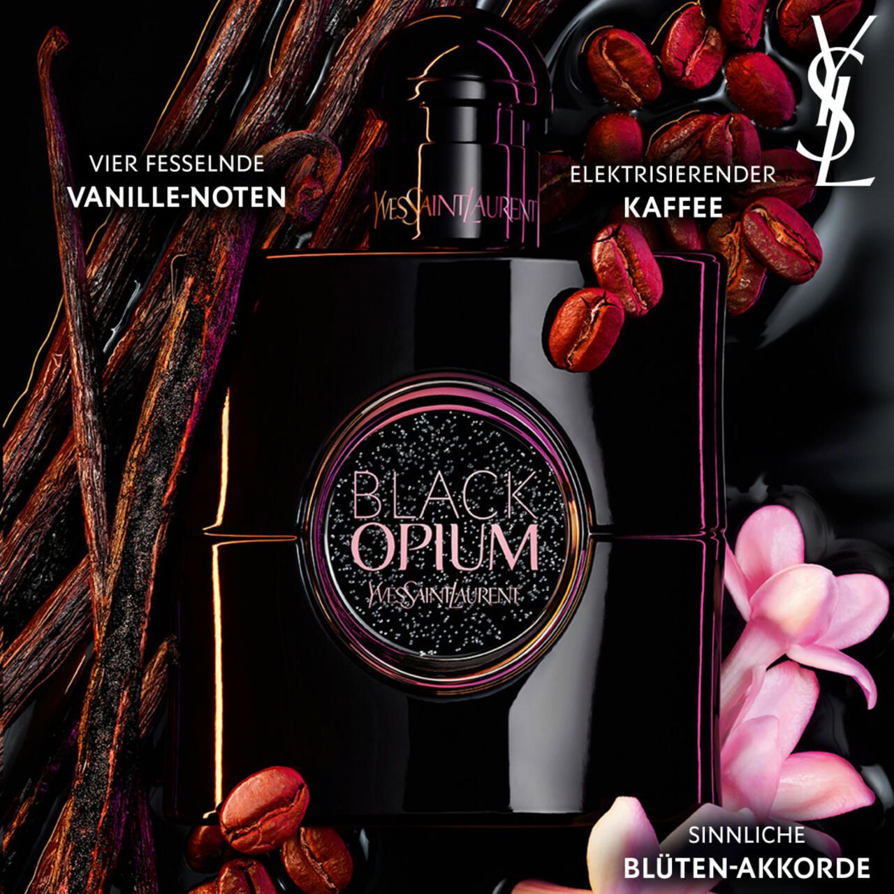Flacone nero con caffè, vaniglia e fiori. Scritta: Black Opium, YSL.