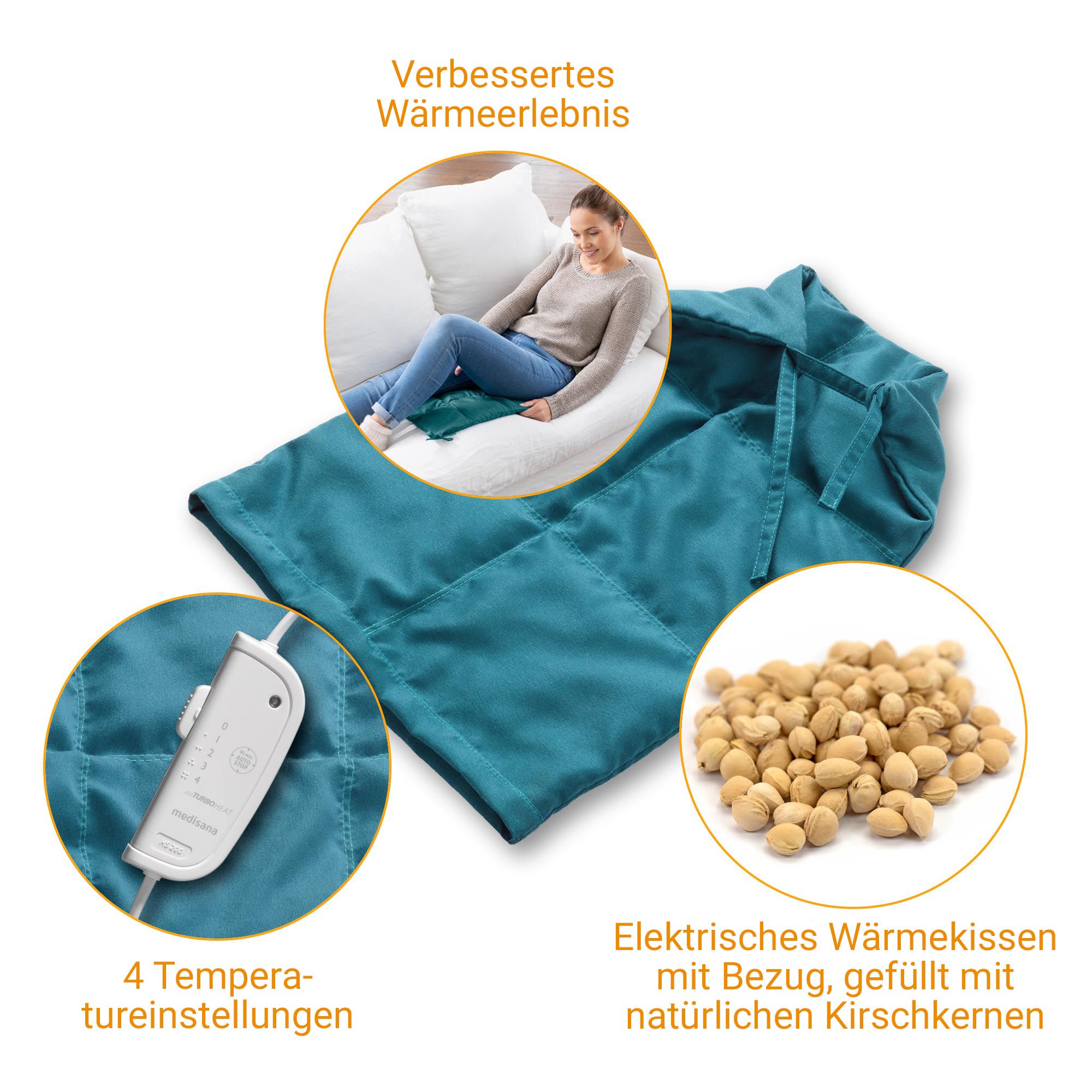 Cuscino elettrico con noccioli di ciliegia con fodera rimovibile, petrolio.
