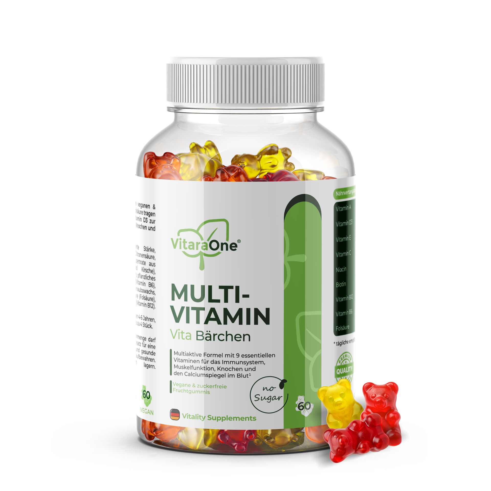 Flacone trasparente VitaraOne® Vita Bärchen. Etichetta con informazioni sul prodotto. Alcune caramelle gommose. Scritta: No Sugar.