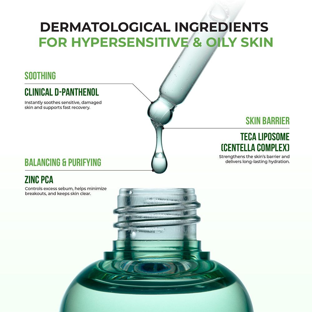 Flacone di siero con goccia. Testo: Ingredienti dermatologici per pelli ipersensibili e oleose. Ingredienti: D-Pantenolo, TECA Liposomi, Zinco PCA.
