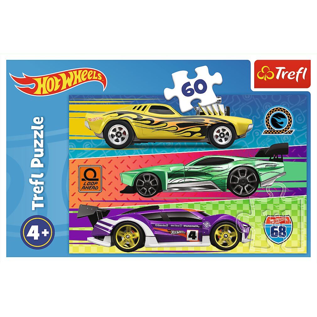 Puzzle Trefl Hot Wheels, 60 pezzi. Sono raffigurate tre auto Hot Wheels. Loghi Hot Wheels e Trefl. Pezzo di puzzle con il numero 60.