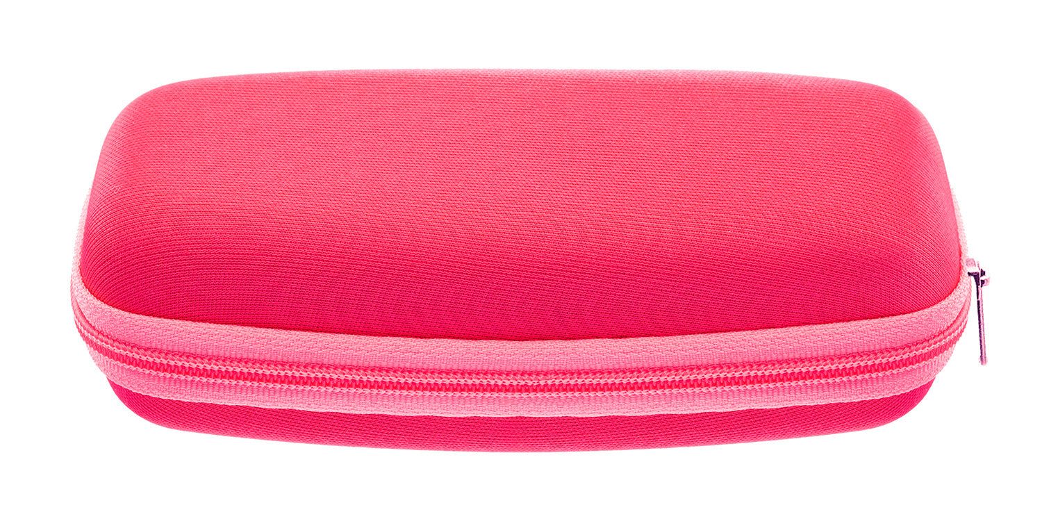 Custodia per occhiali rosa con cerniera. Forma rettangolare, guscio rigido. Cerniera perimetrale.