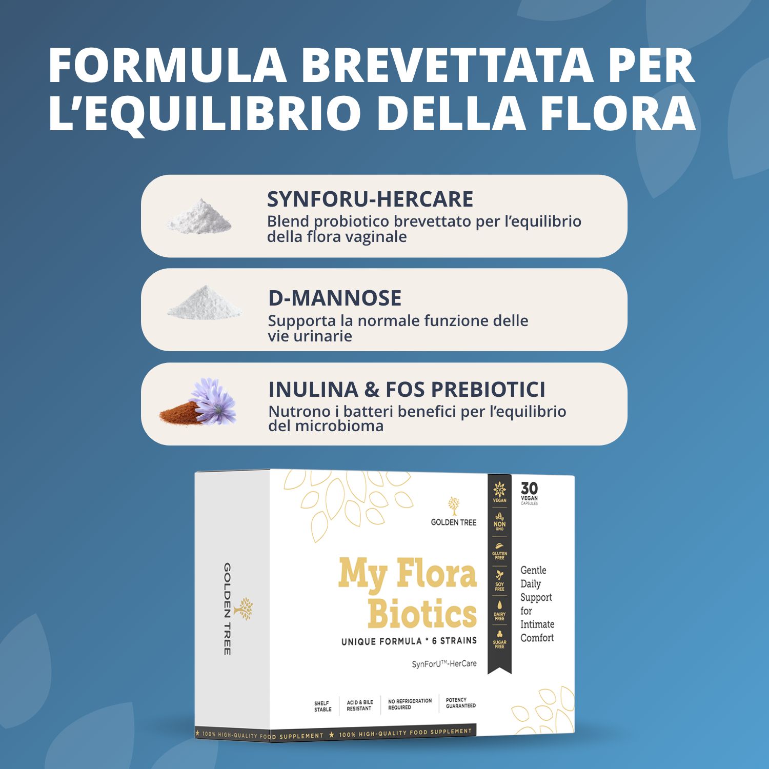 Golden Tree My Flora Biotics: Formula brevettata per l'equilibrio della flora con ingredienti.