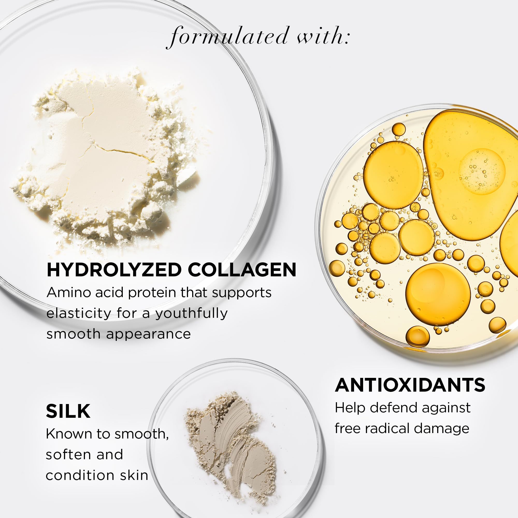 Tre piastre di Petri con ingredienti: Hydrolyzed Collagen, Silk, Antiossidanti. Testo.