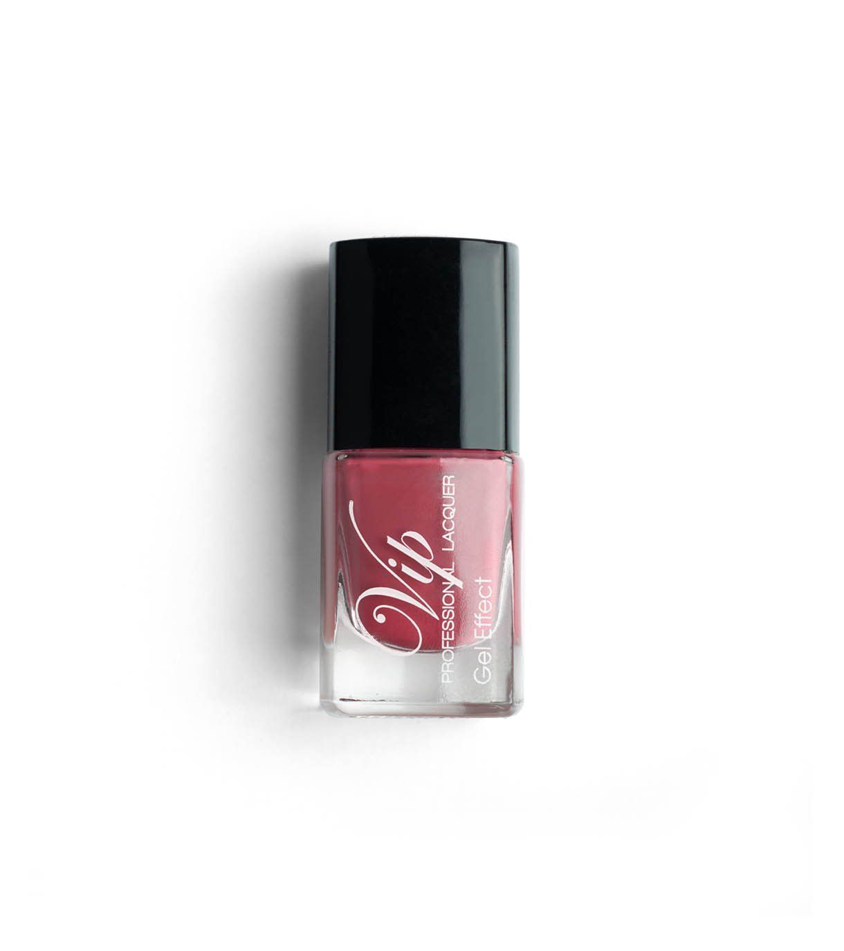 Flacone di smalto rosa con tappo nero. Etichetta: Vip Professional Lacquer Gel Effect.