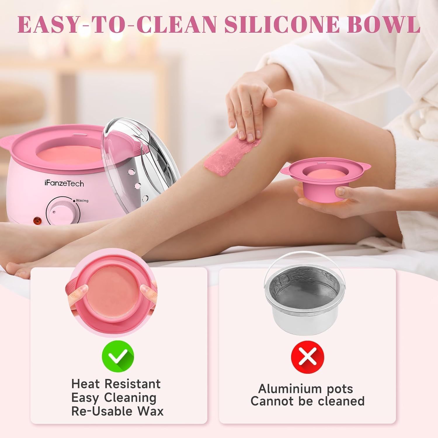 Scaldacera rosa e ciotola in silicone. Confronto: ciotola in silicone resistente al calore e riutilizzabile vs. pentole in alluminio non pulibili.