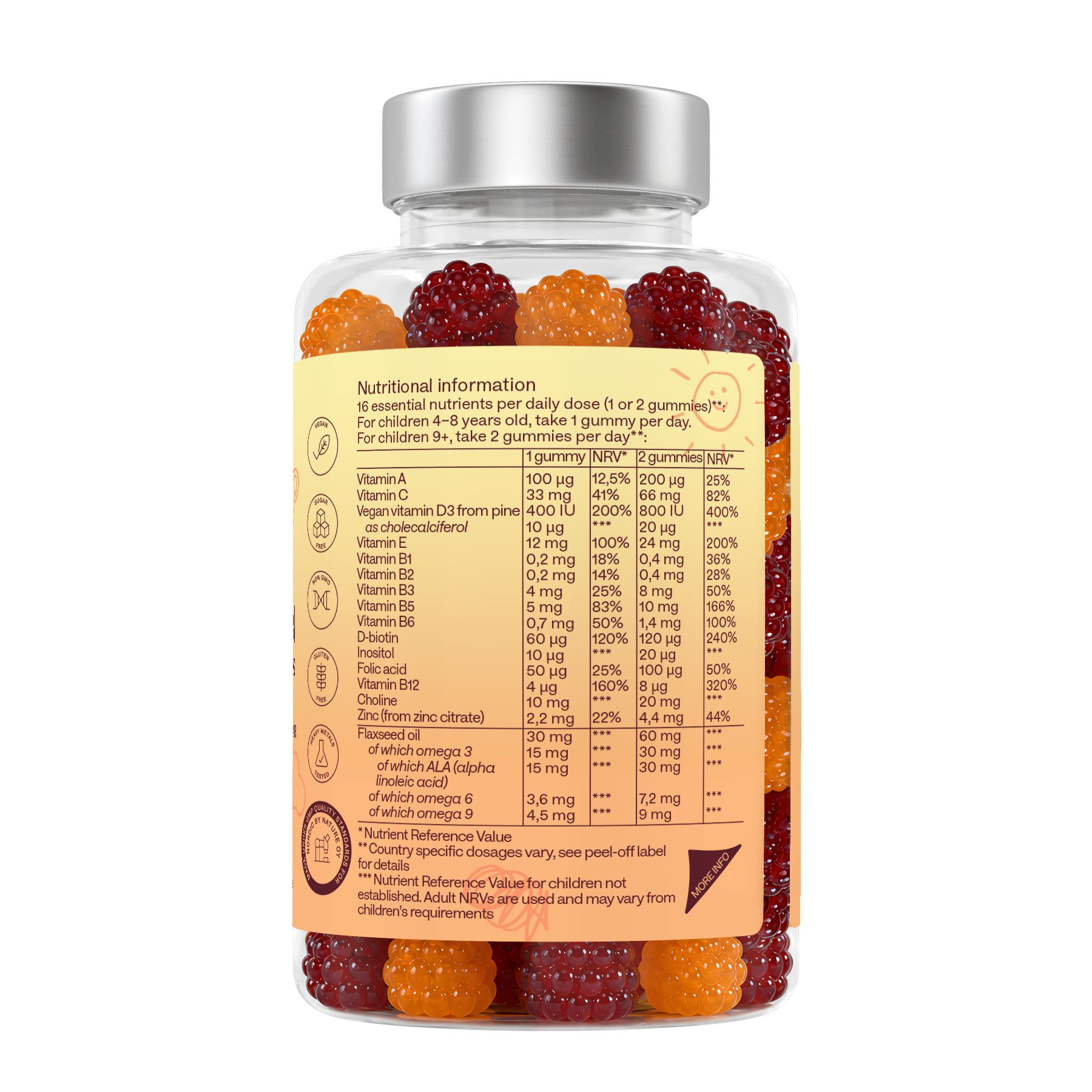 Flacone di caramelle gommose multivitaminiche per bambini, arancioni e rosse, con informazioni nutrizionali.