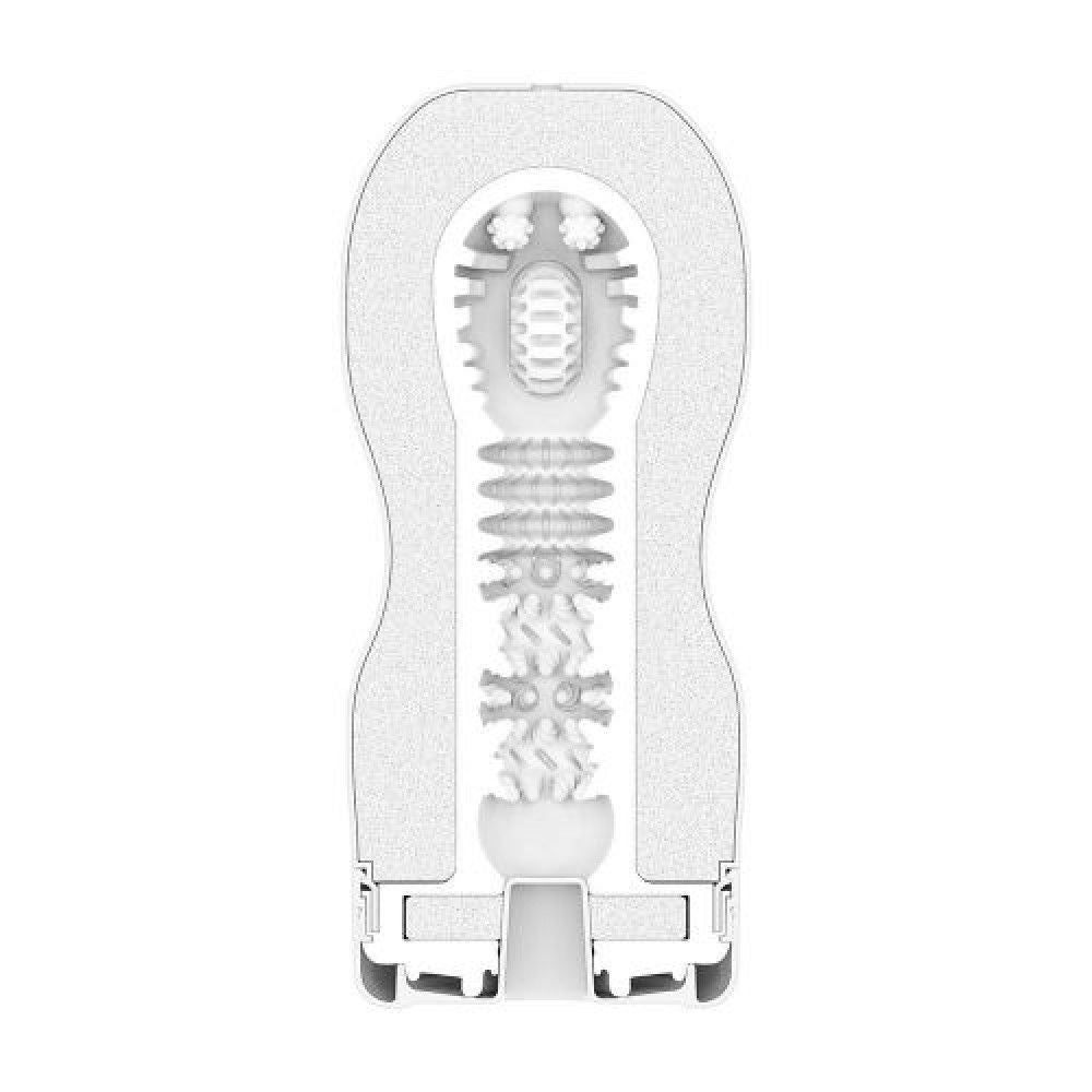Sezione trasversale di un masturbatore bianco. Struttura interna con diverse texture.