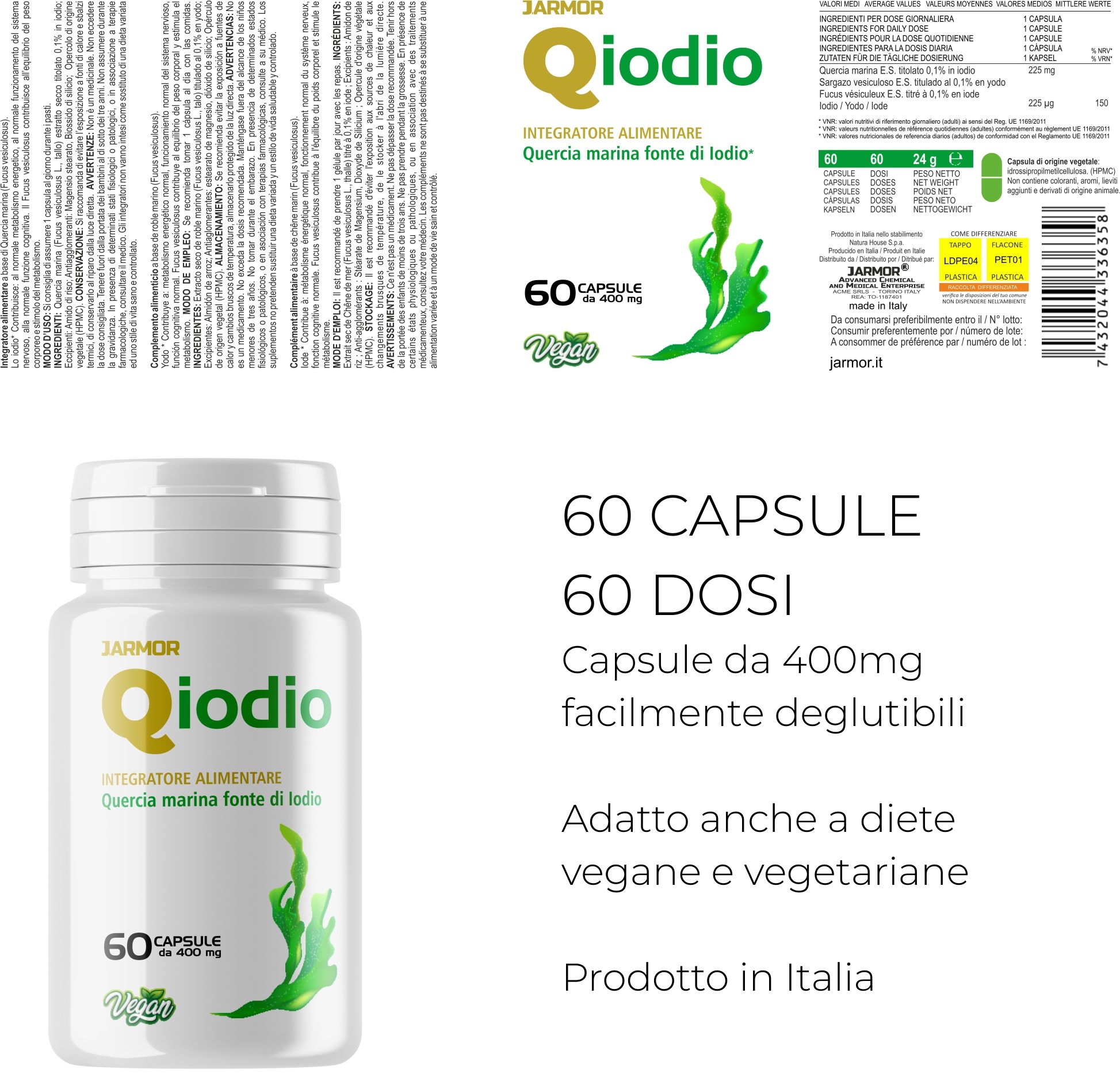 Flacone Qiodio da 60 capsule. Testo: 60 capsule, 60 dosi. Facili da deglutire. Adatto a vegani e vegetariani. Prodotto in Italia.