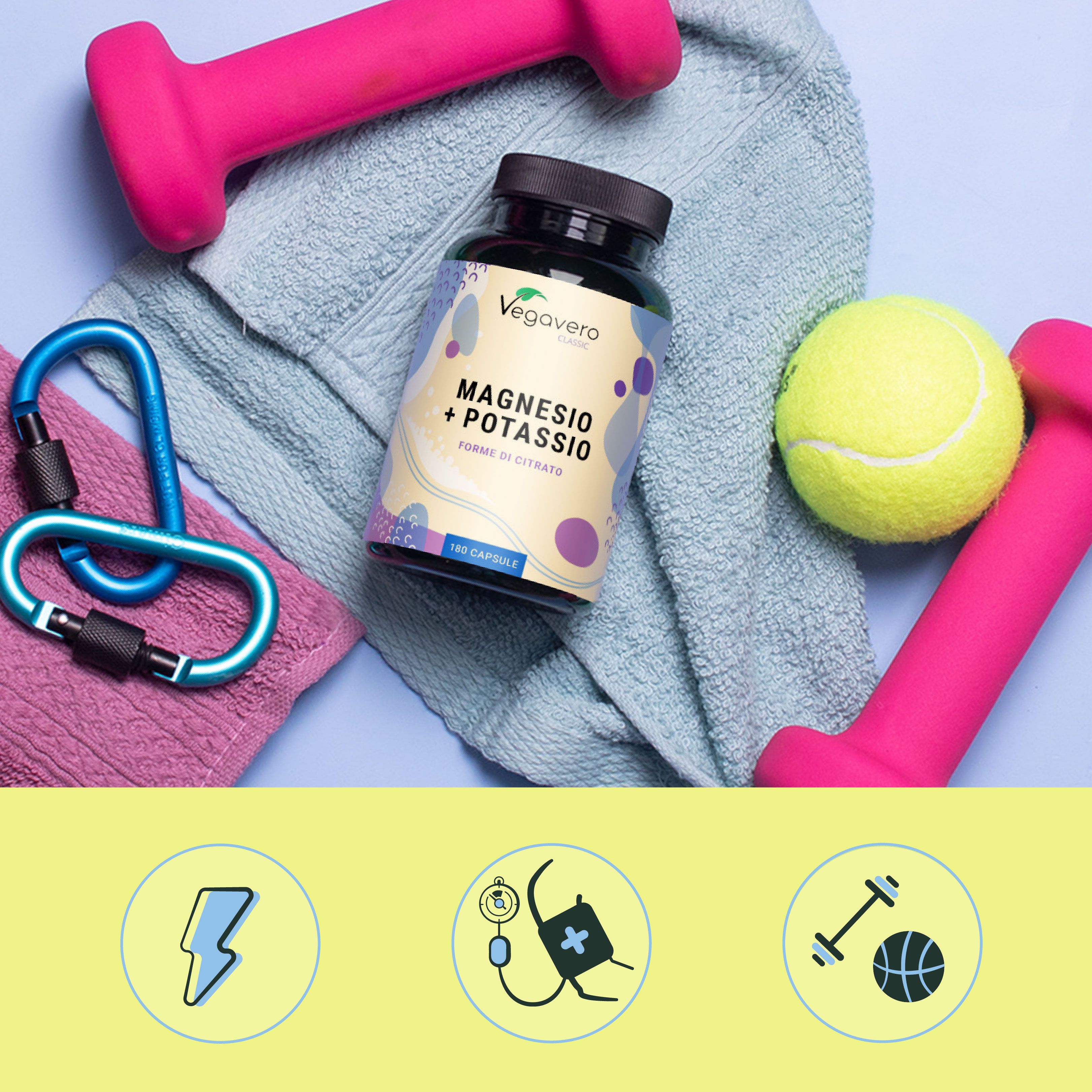 Flacone VEGAVERO Magnesium + Kalium vicino a manubri, asciugamano e pallina da tennis. Icone: fulmine, pressione sanguigna, manubrio.