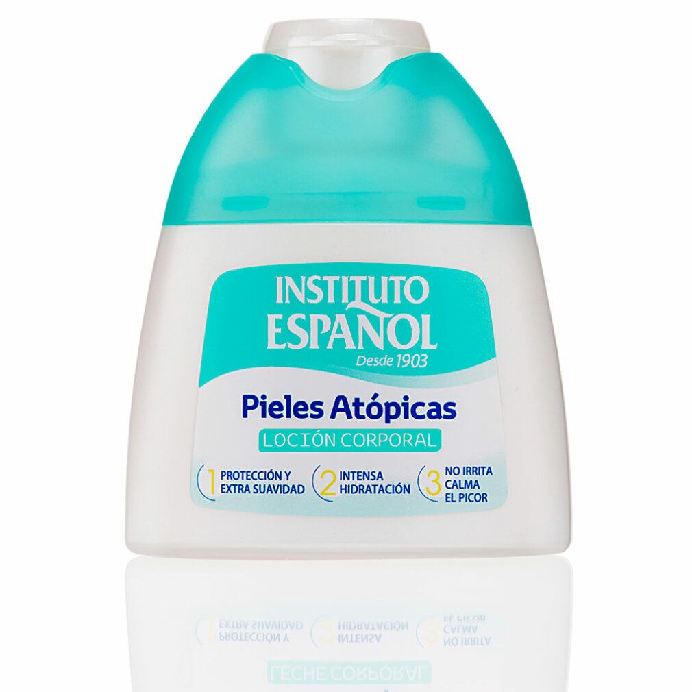 Flacone bianco, tappo turchese. Scritta: Instituto Español, Pieles Atópicas Loción Corporal. 0% Parabeni.