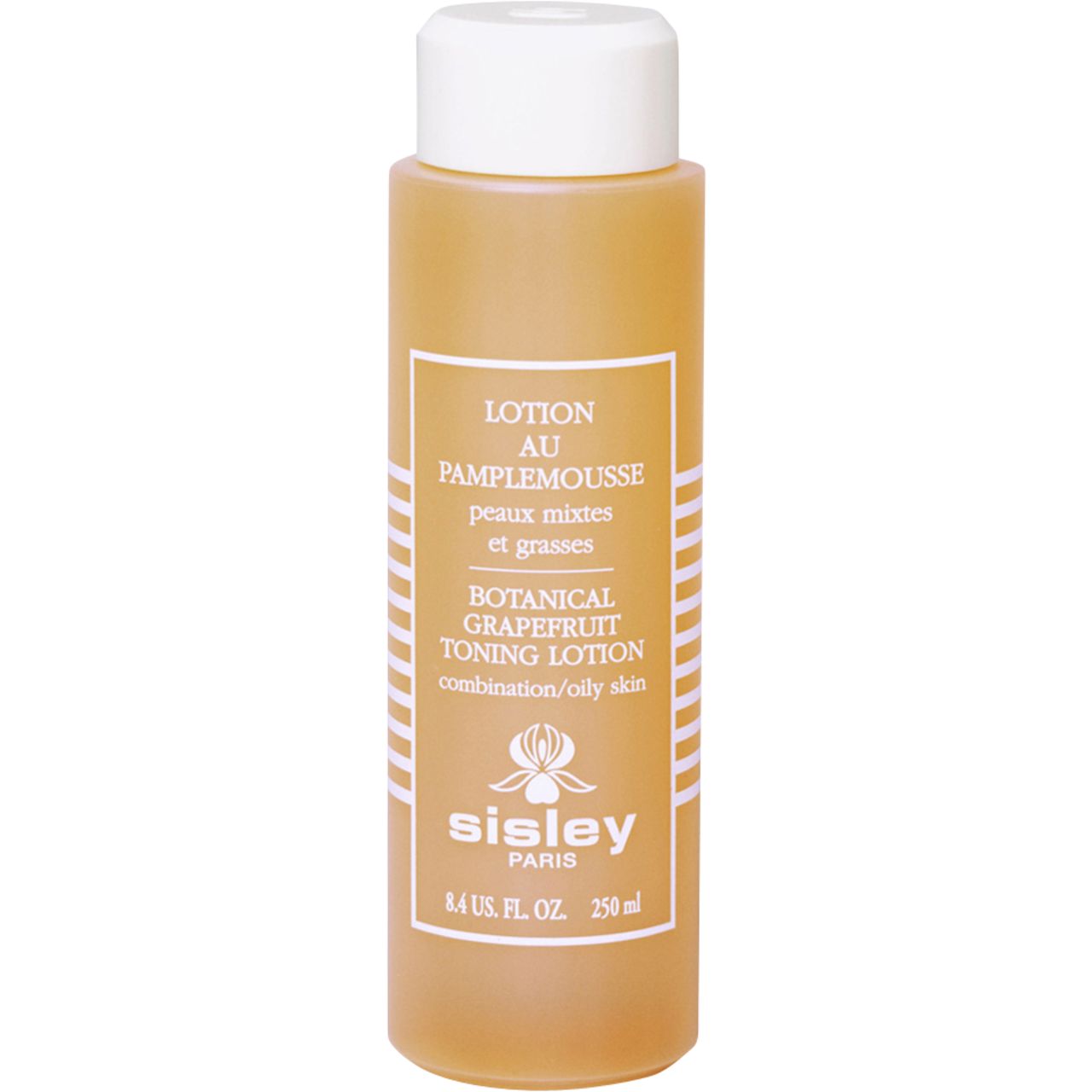 Flacone beige con tappo bianco. Scritta: Lotion au Pamplemousse, Sisley Paris. 250 ml.