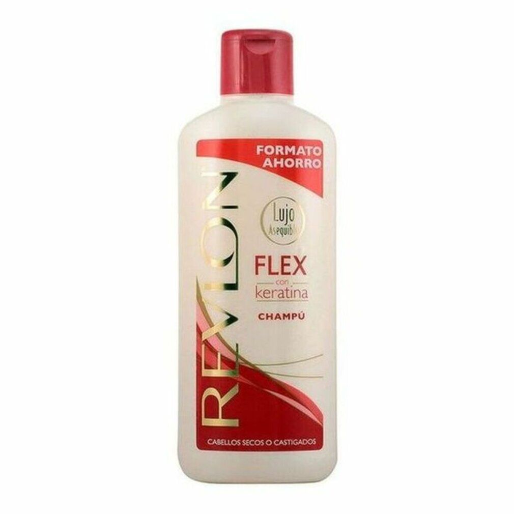 Flacone di shampoo Revlon Flex Keratina. Etichetta bianca, tappo rosso. Testo: Per capelli secchi o danneggiati.