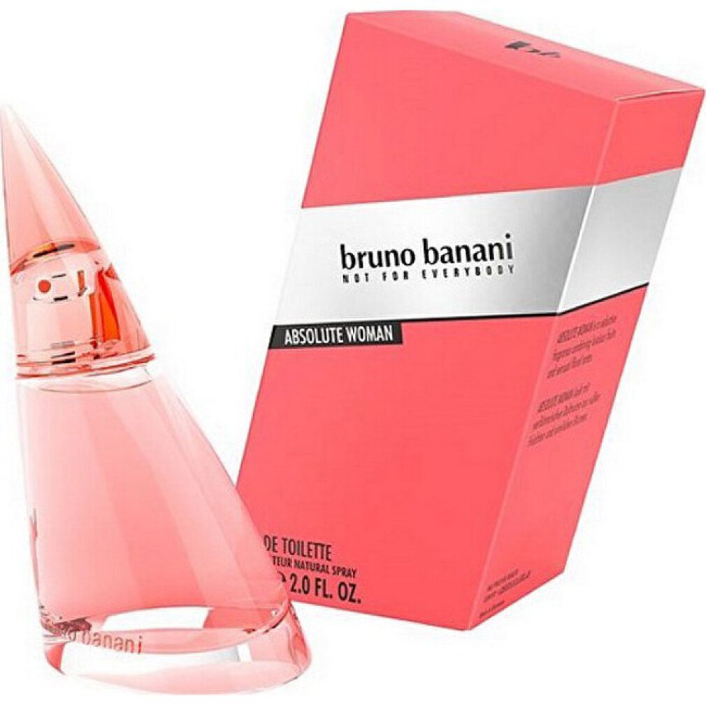 Flacone e confezione di Bruno Banani Absolute Woman. Flacone obliquo, tappo arancione. Confezione rossa con testo bianco.