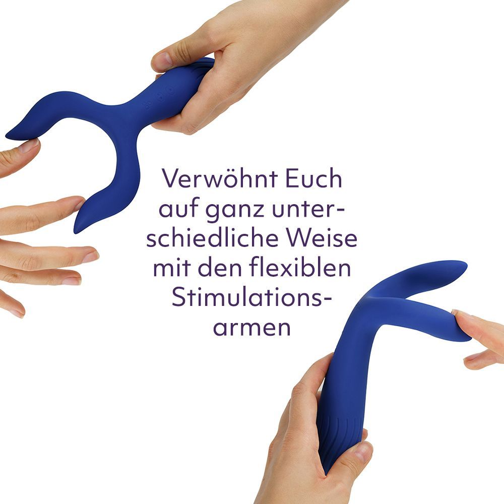 Due mani tengono il vibratore blu. Testo: Vi vizia in modi diversi con le braccia di stimolazione flessibili.