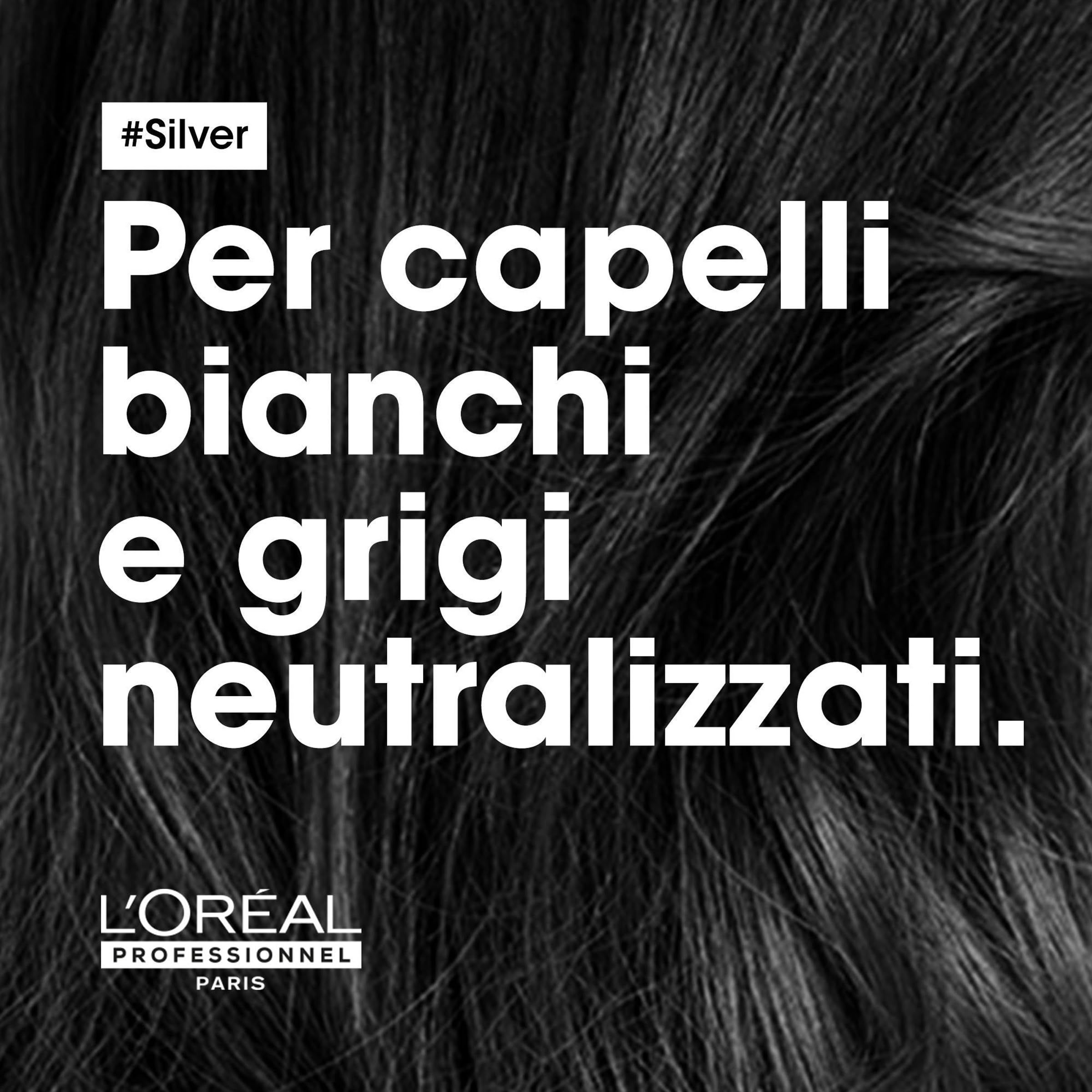 Testo con hashtag #Silver. Testo: Per capelli bianchi e grigi neutralizzati. Logo L'Oréal Professionnel Paris.