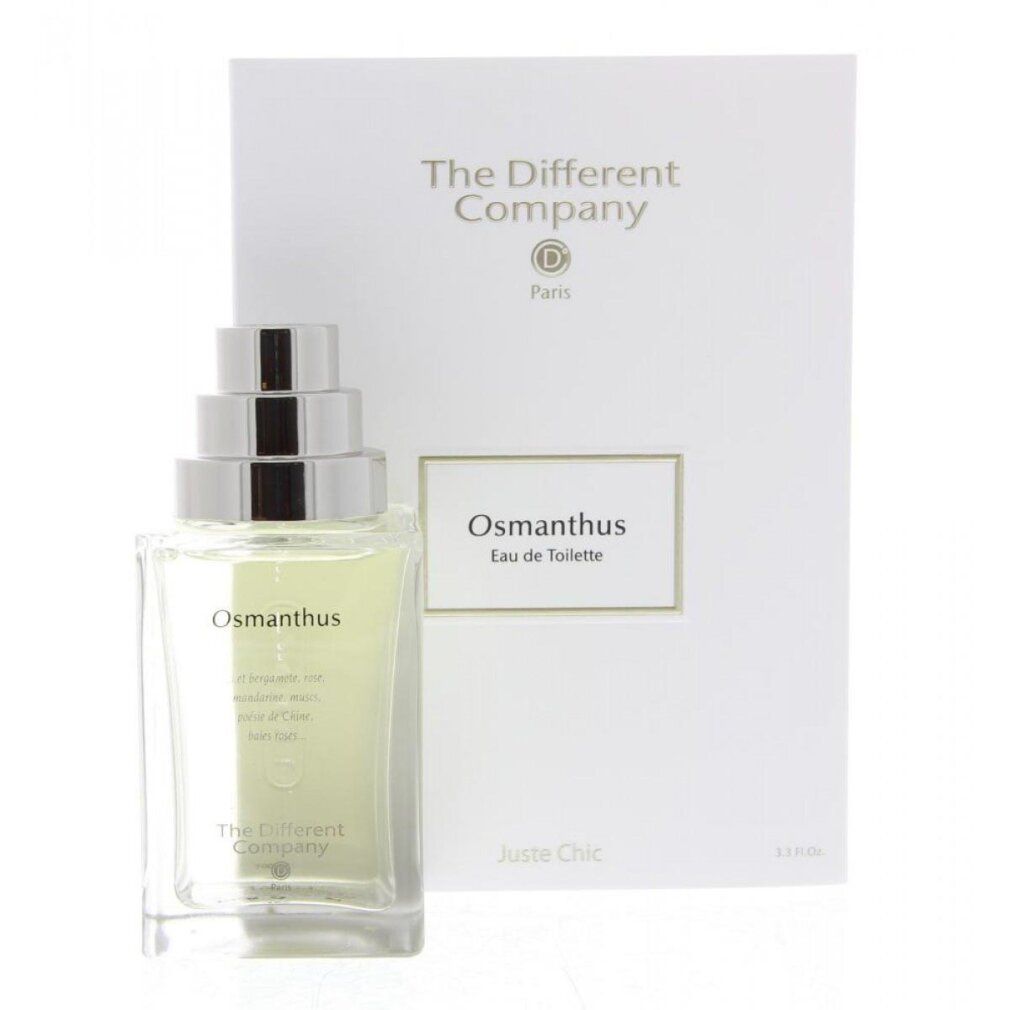 Flacone in vetro con confezione bianca. Scritta "Osmanthus Eau de Toilette" e "The Different Company".