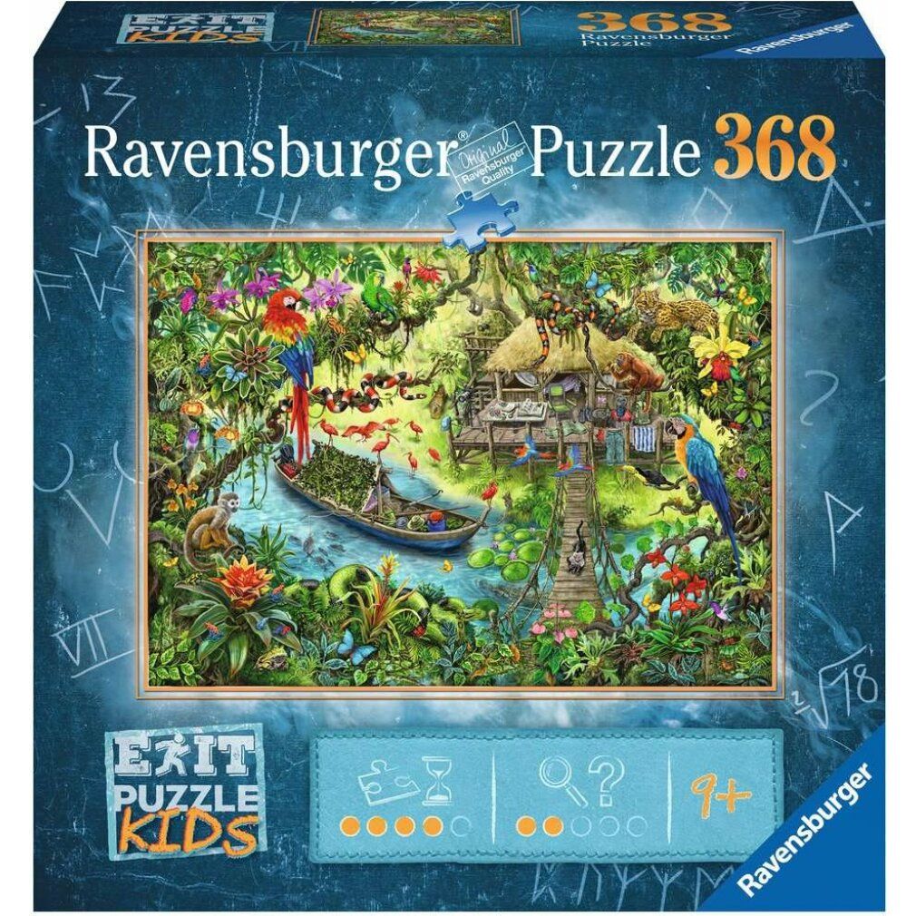 Scatola puzzle con motivo giungla. Ravensburger, 368 pezzi, 'Exit Kids'. Età consigliata 7+. Elemento di design puzzle.