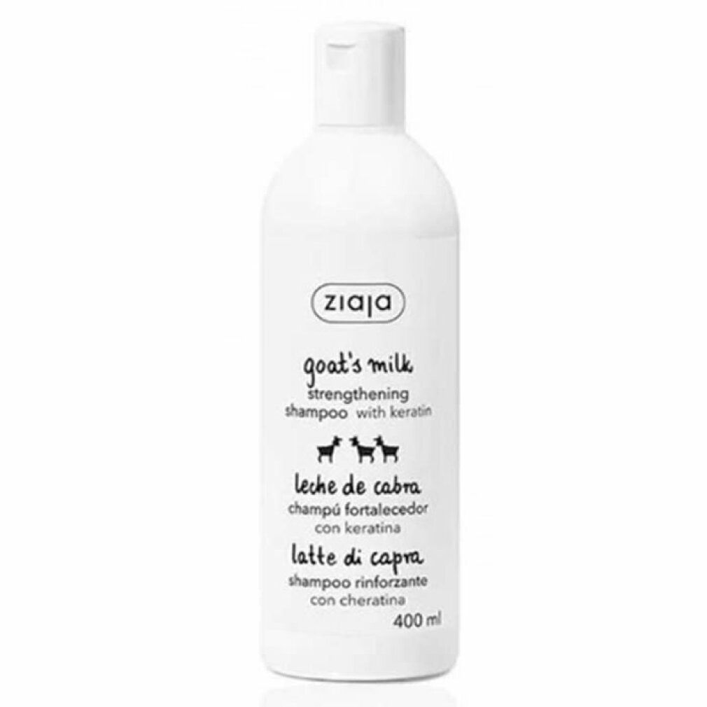 Flacone bianco Ziaja. Testo: goat's milk, Leche de cabra, Latte di capra. Capacità 400 ml.