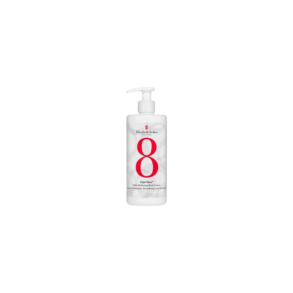 Flacone bianco con dosatore. Grande "8" rosso. Testo: "Elizabeth Arden", "Eight Hour", "Daily Hydrating Body Lotion".