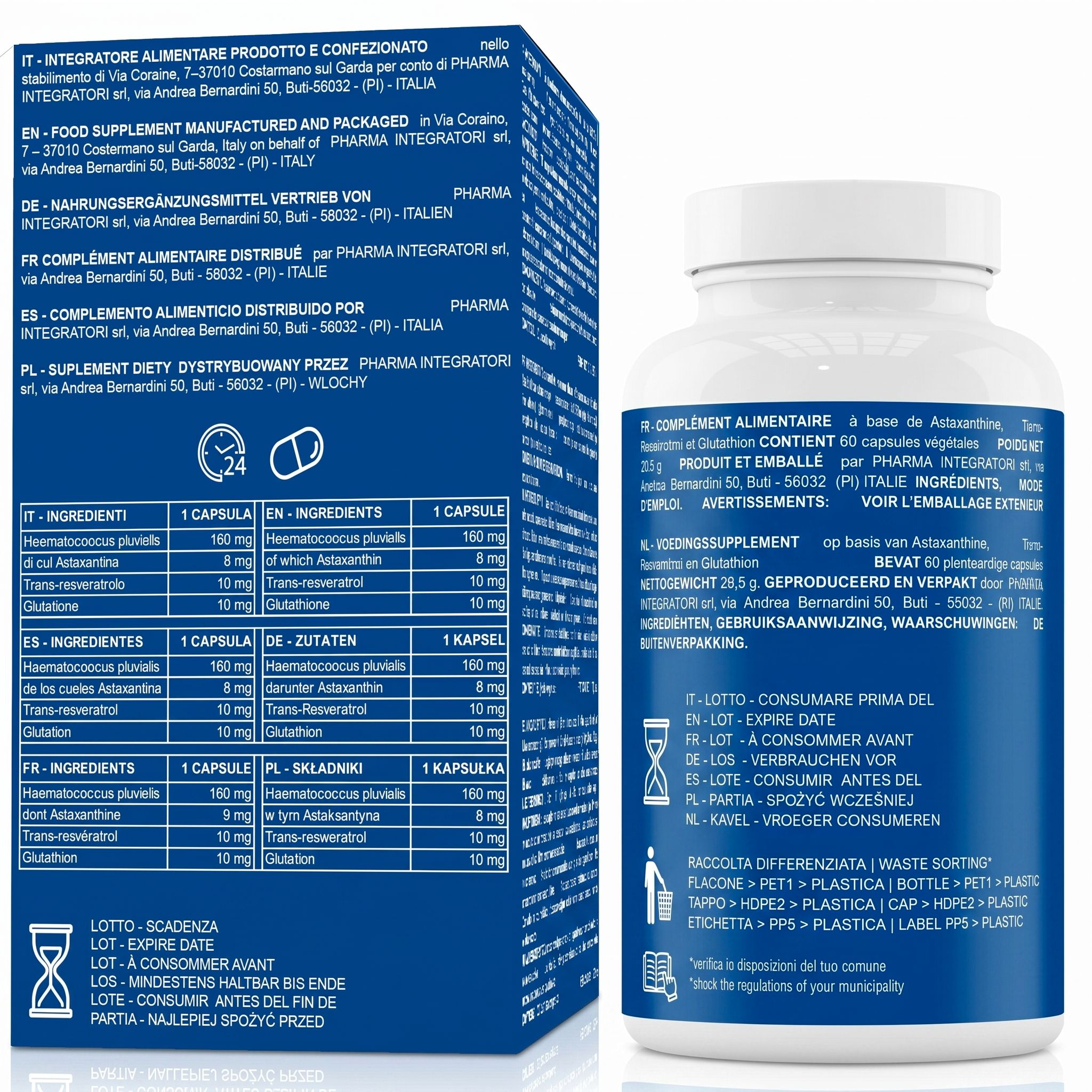 Astaxantina 8 mg, Resveratrolo 10 mg, Glutatione 10 mg. 60 capsule.