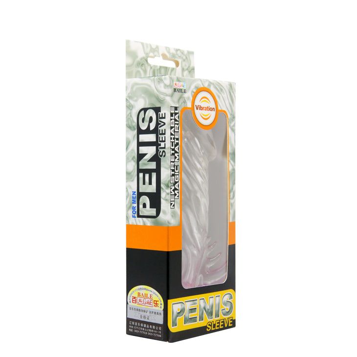 Confezione per guaina peniena. Finestra trasparente, nome del prodotto e simbolo di vibrazione. Testo: PENIS SLEEVE.
