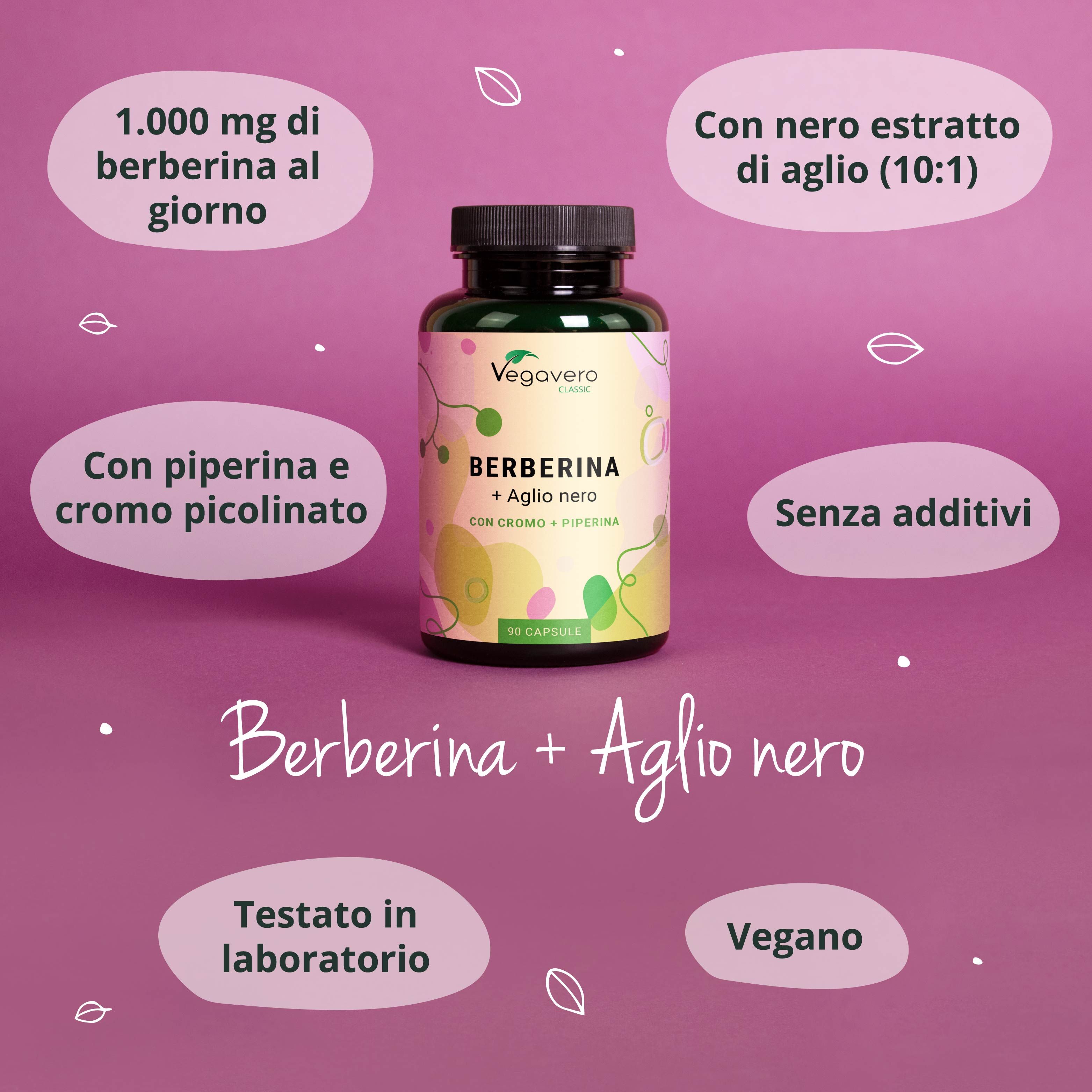 Flacone di Berberina + Aglio nero. Testo: 1.000 mg di berberina, senza additivi, vegano. Logo Vegavaro. 60 capsule.