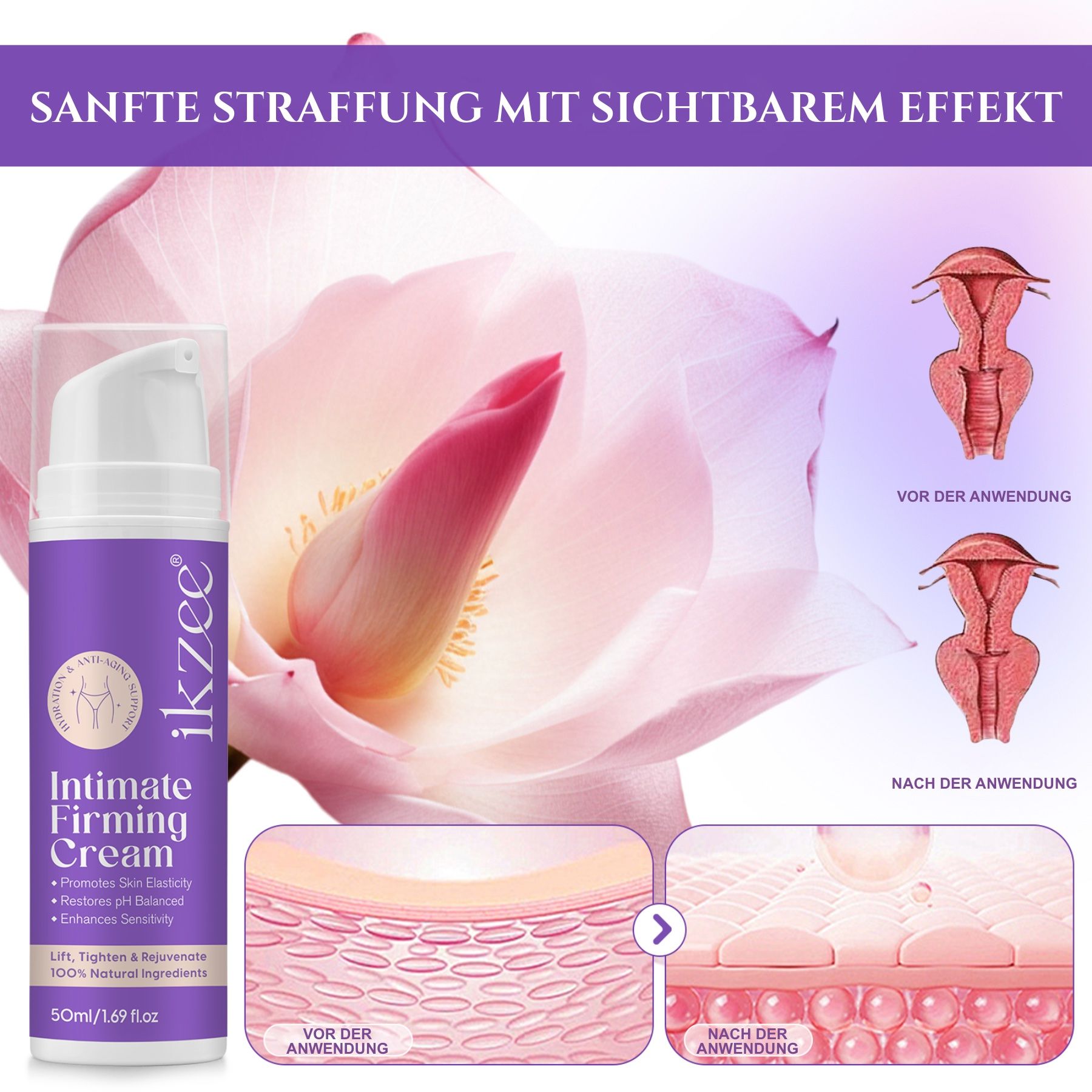 Flacone di crema intima, viola e bianco, con nome e logo del prodotto. Due diagrammi: Prima e dopo l'uso. Scritta: Intimate Firming Cream. 50ml/1.69 fl.oz.