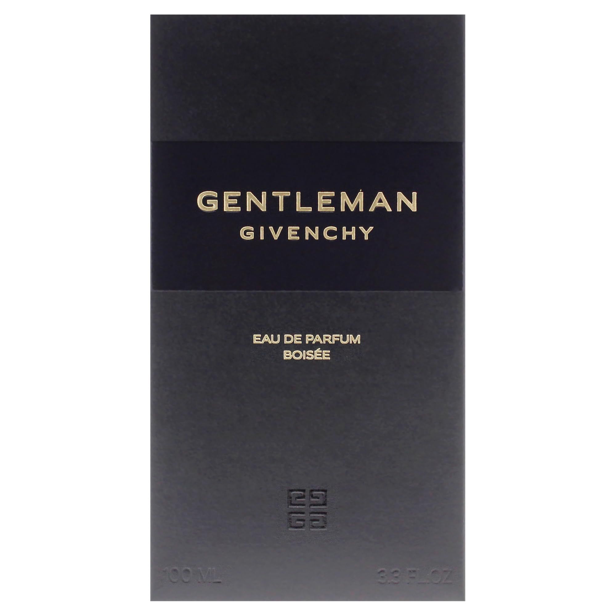 Confezione nera. Scritta: GENTLEMAN GIVENCHY, Eau de Parfum Boisée. Logo. Sfondo nero.