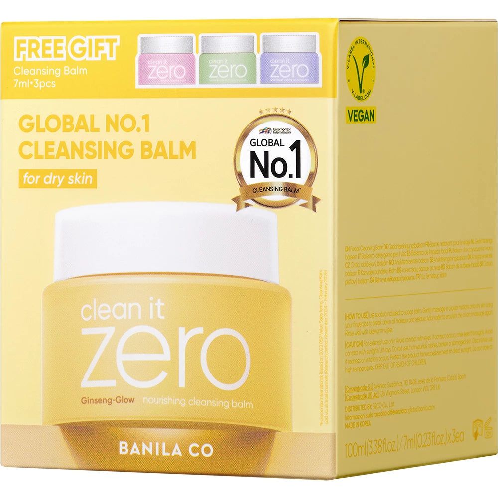 Confezione con barattolo giallo e tre piccoli barattoli. Scritta: clean it zero. Sigillo vegano. Global No.1 Cleansing Balm.